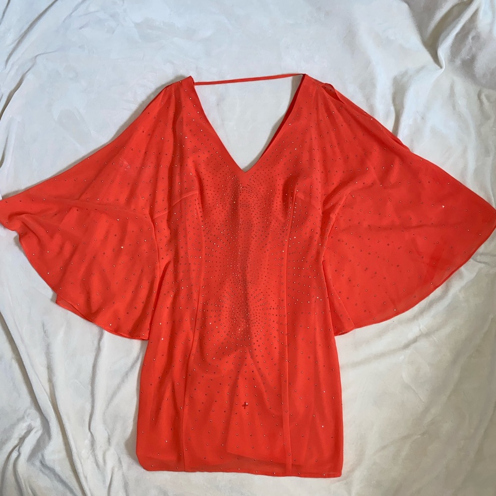 BEBE Orange cold shoulder bedazzled dress